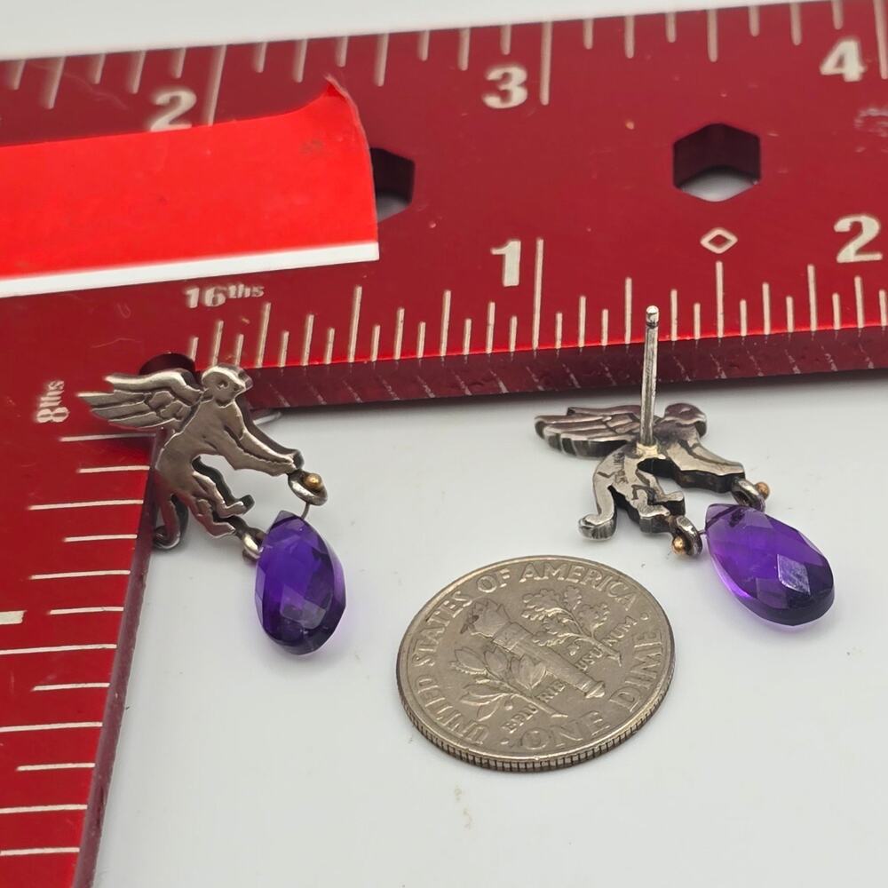Earrings Art Deco Amethyst Monkey Cat ? Wings Sterling Small Vintage Studs S3156 - Picture 7 of 9